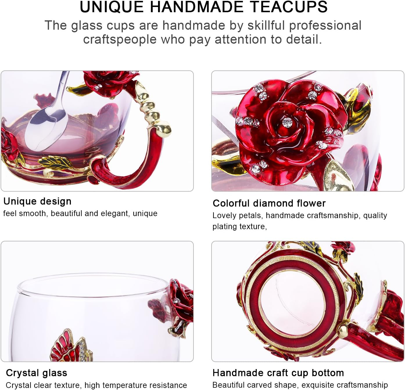 Glass Tea Cup Coffee Mugs & Gifts for Women with Spoon Beautiful Rose Flower Butterfly (Red)