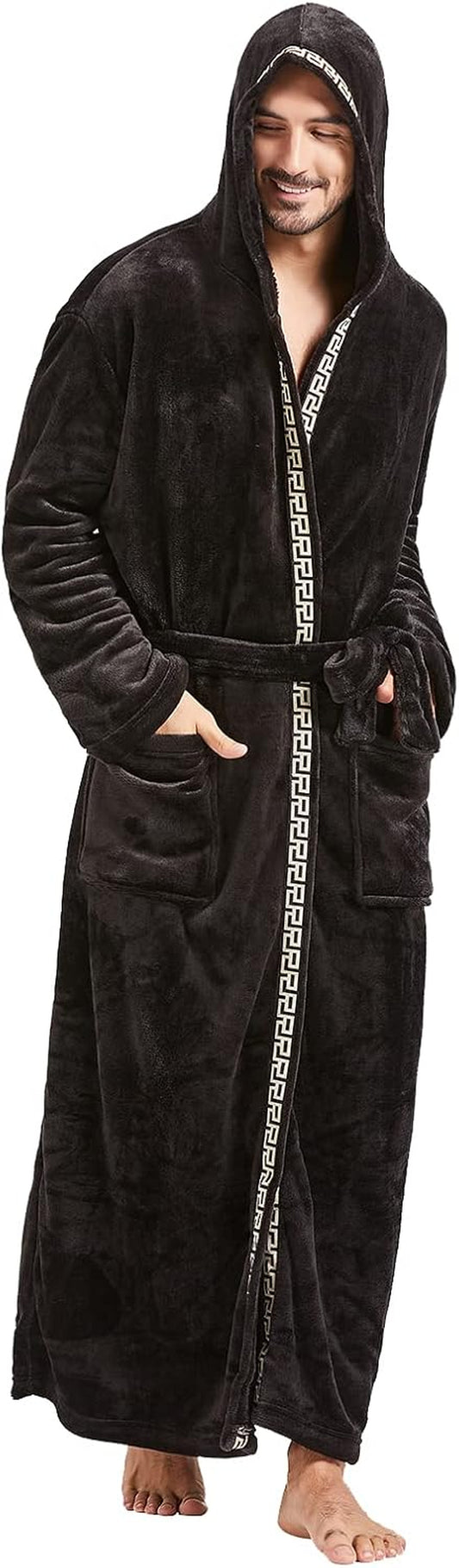 Mens Robes Big and Tall with Hood Two-Tone Flannel Fleece Contrast Bathrobe Full Length Plush Long Robe House Coat